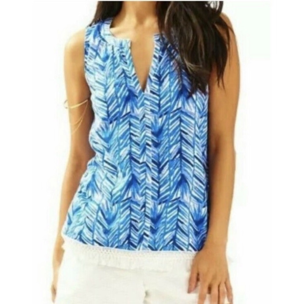 Lilly Pulitzer Lapis Blue White Costa Verde Kipper Fringe Top XS WORN ONCE RARE